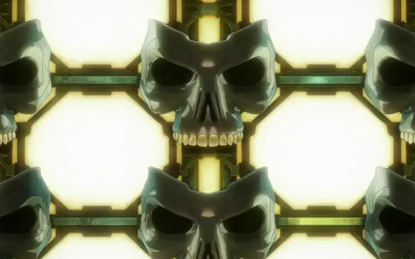 A striking 4K Ultra HD wallpaper featuring stylized skulls against a futuristic backdrop, inspired by anime and the theme of Terminator Zero.