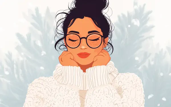 A woman in a cozy sweater looks happy, with her eyes closed and hands on her cheeks, set against a soft background of greenery. This image serves as a 4K Ultra HD desktop wallpaper.