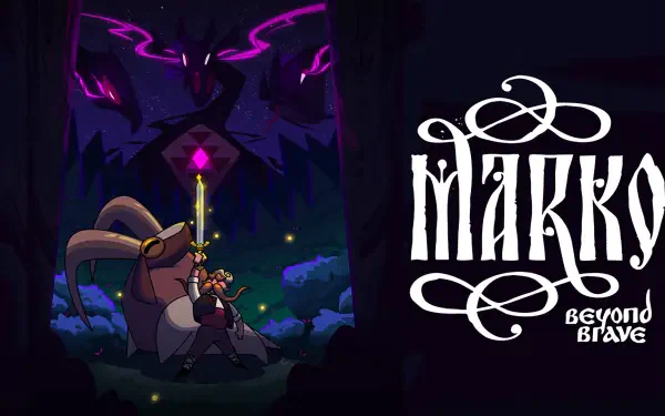 HD wallpaper for the video game Marko: Beyond Brave, featuring vibrant colors and mystical elements, showcasing the main character and a mysterious entity in an enchanting forest setting.