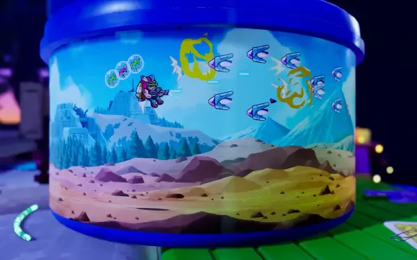 A vibrant HD wallpaper from the video game The Plucky Squire, featuring colorful graphics of a character navigating a whimsical landscape with flying objects and mountains in the background.