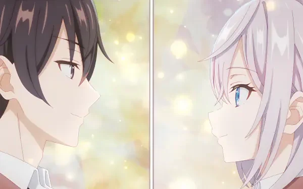 HD anime wallpaper featuring Masachika Kuze and Alisa Mikhailovna Kujou from Alya Sometimes Hides Her Feelings in Russian, with a soft, glowing background.