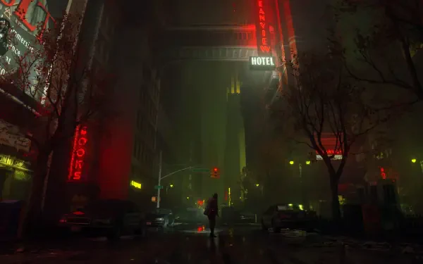 Alan Wake 2 2K Quad HD PC desktop wallpaper: lone figure walks a rain-soaked, neon-lit city street toward a glowing Hotel sign beneath oppressive greenish fog — moody psychological-horror scene.
