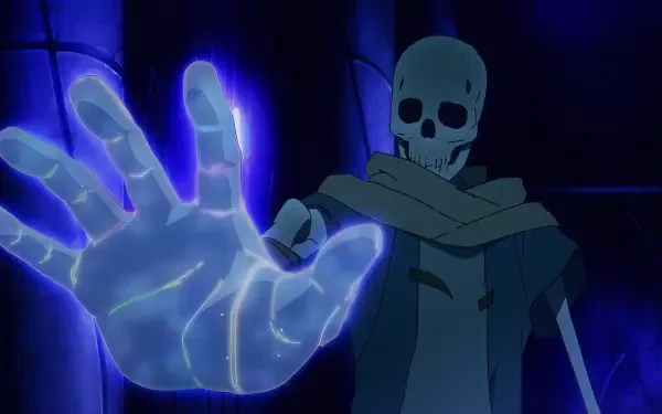 A captivating HD desktop wallpaper featuring a skeletal character from the anime The Unwanted Undead Adventurer, showcasing a glowing blue hand against a dark background.