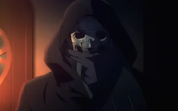 A mysterious figure cloaked in darkness, revealing a skeletal mask, from the anime *The Unwanted Undead Adventurer*. This HD wallpaper adds an intriguing touch to any desktop background.