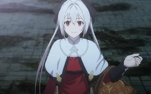 Anime-inspired HD desktop wallpaper featuring a character with white hair and red eyes, dressed in a distinctive outfit, confidently gesturing with one hand.