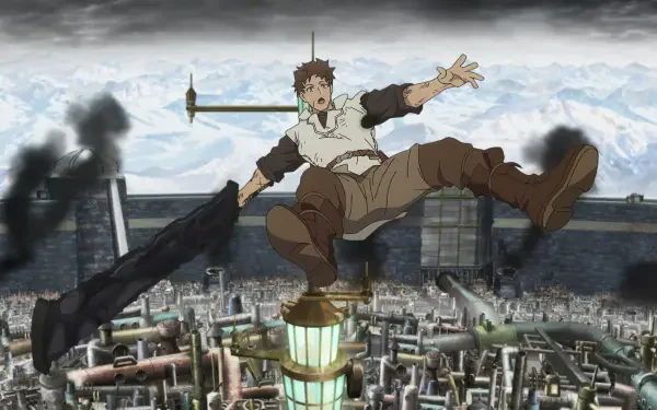 An anime character dramatically poses atop a glowing structure amidst a sprawling industrial landscape, conveying a sense of action and defiance. HD PC desktop wallpaper, titled I Parry Everything.