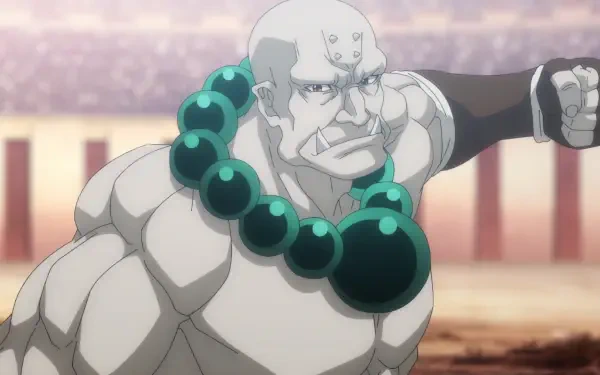 HD anime desktop wallpaper from The Ossan Newbie Adventurer featuring a muscular bald character wearing a large green bead necklace and a determined expression.