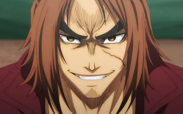 A close-up of a confident character from The Ossan Newbie Adventurer, showcasing a determined expression with striking features, suitable as a vibrant HD desktop wallpaper.