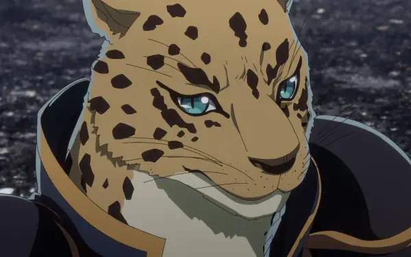 Anime HD PC desktop wallpaper featuring a close-up of a serious leopard character from Failure Frame with striking blue eyes and detailed fur patterns.