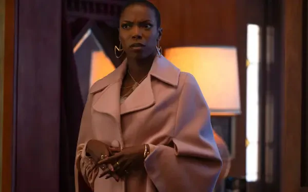 A character from the TV show Agatha All Along stands thoughtfully in a stylish pink coat, with a warm lamp glow in the background, captured in a 4K Ultra HD wallpaper.