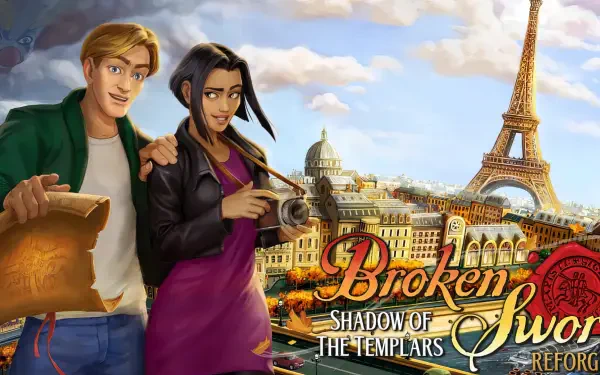 HD desktop wallpaper featuring characters from the video game Broken Sword - Shadow of the Templars: Reforged, set against a backdrop of Paris and the Eiffel Tower.