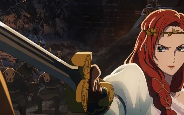 A striking anime-inspired image from The Lord of the Rings: The War of the Rohirrim, featuring a determined character wielding a sword, set against a dark, intense backdrop.