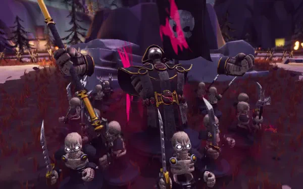 HD PC desktop wallpaper from the video game Toy Tactics, featuring a dark, eerie battlefield with armored skeleton warriors ready for combat.