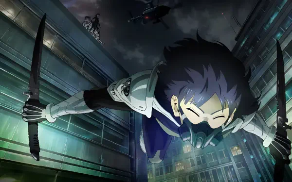 HD PC desktop wallpaper featuring Soushirou Hoshina from the anime Kaiju No. 8, depicted mid-action in a dark urban night scene.