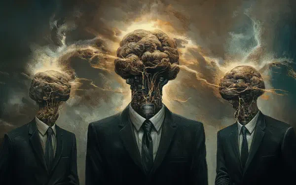 A surreal 4K Ultra HD image depicting three suited figures with explosive, brain-like heads, symbolizing corporatism amidst a dramatic, stormy backdrop.