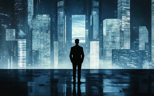 A businessman stands in silhouette against a vibrant cityscape, highlighting the striking contrast between his figure and the illuminated skyscrapers. A stunning 4K Ultra HD backdrop.
