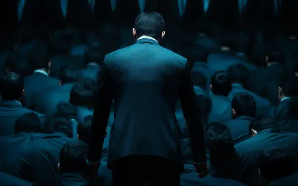 A businessman in a suit stands confidently at the forefront, facing a crowd of similarly dressed figures, embodying themes of corporatism and ambition. 4K Ultra HD quality enhances the dramatic effect.