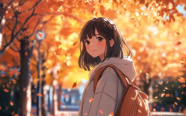 An anime girl smiles among vibrant autumn leaves, wearing a cozy sweater and carrying a backpack. This 4K Ultra HD wallpaper captures a serene fall scene.