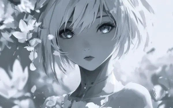A stunning 4K Ultra HD anime wallpaper featuring a white-haired anime girl surrounded by delicate flowers, exuding an ethereal and captivating beauty.