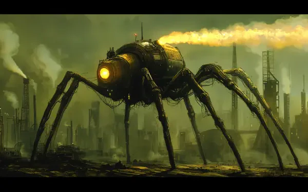 A striking dieselpunk scene featuring a giant spider-like machine looming over a smoky industrial landscape, illuminated with an eerie yellow glow, in a stunning 4K Ultra HD format.