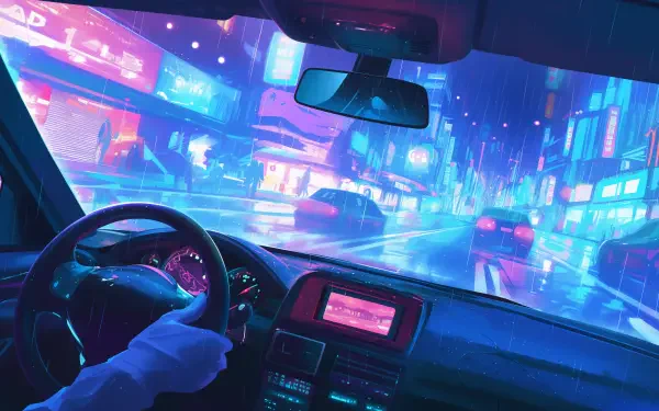 A vibrant anime scene depicting a driver's perspective from inside a car, navigating a rain-soaked city filled with colorful neon lights. 4K Ultra HD desktop wallpaper.