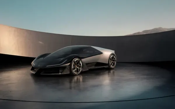 A sleek Lotus Theory 1 sports car displayed on a glossy surface, captured in stunning 4K Ultra HD, showcasing its futuristic design against a minimalist backdrop.