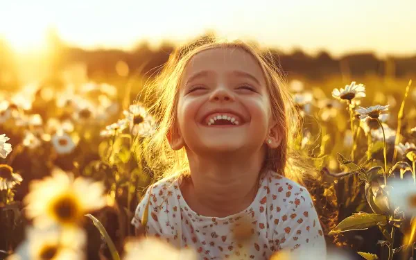 A joyful child with a big smile sits amidst a field of flowers, radiating happiness as the warm sunlight casts a golden glow, making it an uplifting 4K Ultra HD desktop wallpaper.