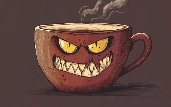 A 4K Ultra HD wallpaper featuring a mischievous coffee cup with sharp teeth and glowing yellow eyes, emitting steam, set against a dark background.
