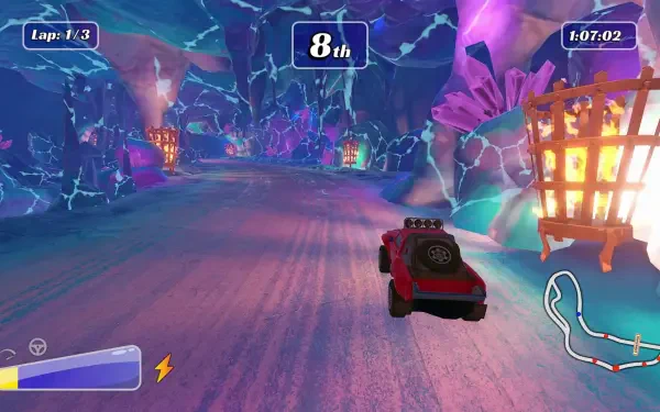 Vibrant HD wallpaper from the video game Matchbox Driving Adventures, featuring a colorful racing scene with a car navigating a mystic, cavernous track illuminated by glowing formations.