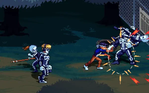 A dynamic scene from the video game The Karate Kid: Street Rumble, featuring characters in a vibrant, action-packed fight against skeleton opponents in a nighttime setting.