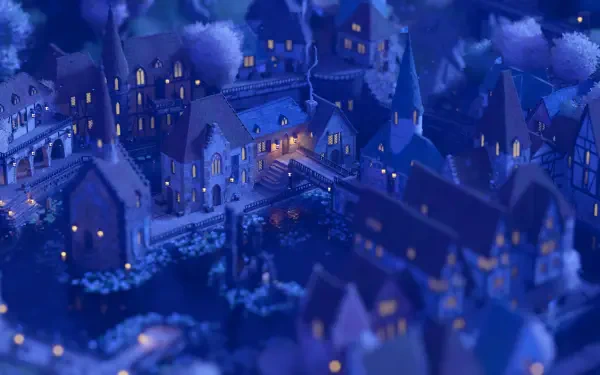 A tranquil medieval village illuminated at night, featuring charming houses and a serene waterway, serves as a captivating backdrop inspired by the video game Tiny Glade.