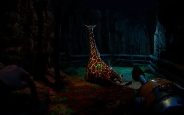 A dark, atmospheric HD wallpaper featuring a giraffe in a zoo environment, part of the video game Zoochosis, highlighting a unique blend of animal imagery and gaming aesthetic.