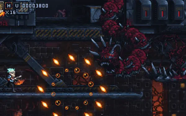 A high-energy scene from the video game Iron Meat, featuring a character battling menacing creatures amidst explosive action in a detailed, 4K Ultra HD backdrop.