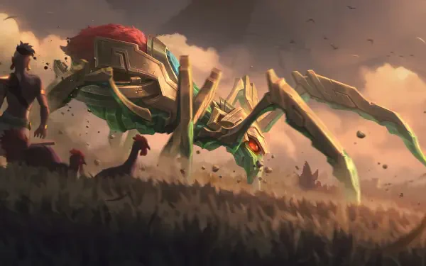 A 4K Ultra HD wallpaper featuring Elise from League of Legends, showcasing her menacing spider form against a dramatic landscape.