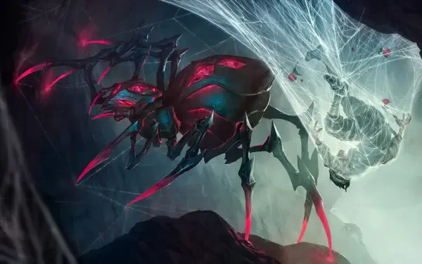 A dramatic 4K Ultra HD wallpaper featuring Elise from League of Legends, showcasing her spider form with vivid colors and intricate web details in a dark, immersive setting.