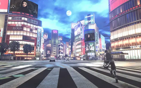 A vibrant HD desktop wallpaper featuring a bustling cityscape from the video game Reynatis, illuminated by neon lights under a dramatic sky.