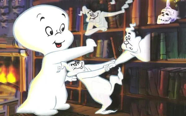 A charming HD wallpaper featuring Casper the friendly ghost and his ghostly friends, playfully interacting among bookshelves, capturing a whimsical moment from the beloved movie.