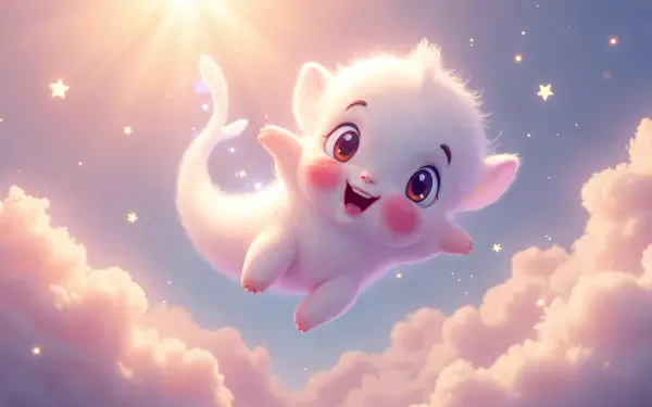 A cute white ghost with big eyes and rosy cheeks joyfully floats among fluffy clouds under a bright sky, creating a whimsical 4K Ultra HD PC desktop wallpaper.