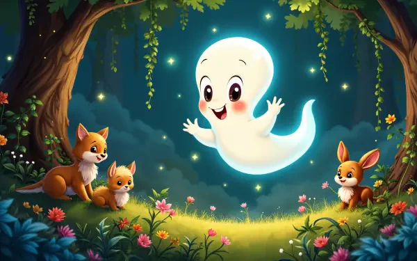 A whimsical 4K Ultra HD PC desktop wallpaper featuring Casper the friendly ghost joyfully surrounded by playful animals in a vibrant, enchanted forest scene.