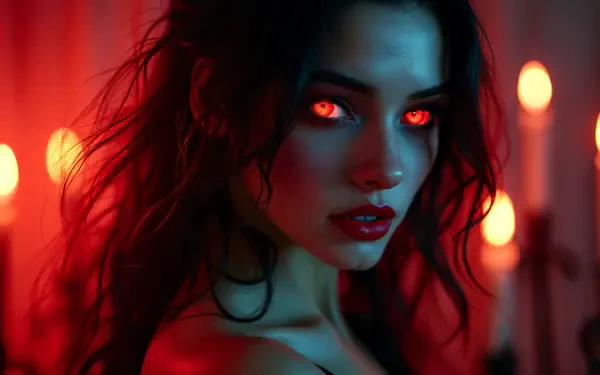 A striking vampire-themed 4K Ultra HD wallpaper featuring a captivating figure with glowing red eyes, set against a backdrop of flickering candlelight.