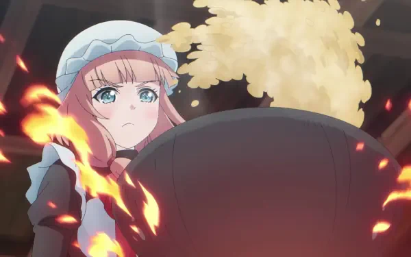 A character from The Strongest Magician in the Demon Lord's Army was a Human stirs a pot, surrounded by flames and a cloud of steam, capturing a moment of intense cooking. HD desktop wallpaper.