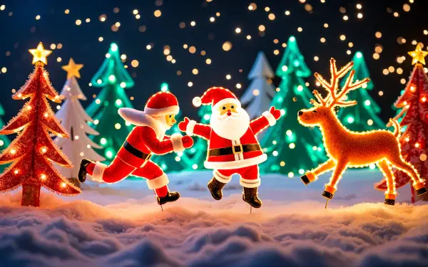 A festive Christmas scene featuring Santa, playful elves, and a reindeer amidst colorful, illuminated trees and a snowy landscape, presented as a vibrant 4K Ultra HD wallpaper.