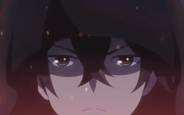 A dramatic close-up of a character from The Strongest Magician in the Demon Lord's Army was a Human, showcasing intense eyes and a determined expression, set against a dark backdrop.
