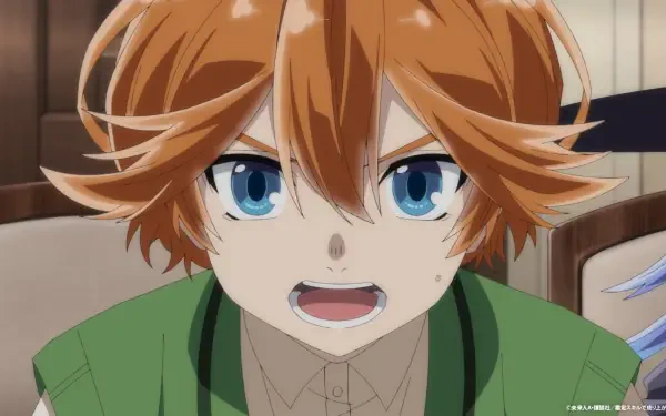 An intense character from the anime As a Reincarnated Aristocrat I’ll Use My Appraisal Skill to Rise in the World, featuring vibrant orange hair and determined blue eyes, captures a moment of focus.