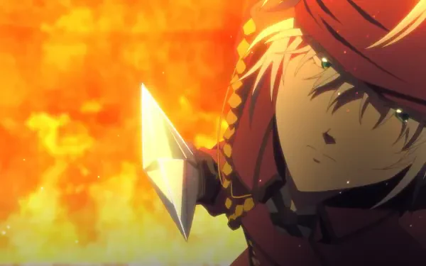 A striking anime image titled Bye Bye Earth, featuring a character with a determined expression against a backdrop of fiery chaos, designed as an HD PC desktop wallpaper.