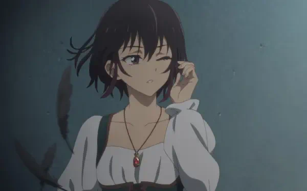 Anime-inspired HD wallpaper featuring a character from Bye Bye Earth, displaying a playful wink and a stylish outfit against a muted background.