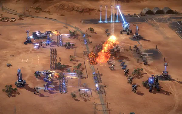 An HD PC desktop wallpaper featuring intense action from the video game Mechabellum, showcasing futuristic mech battles in a desert landscape.