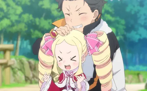HD anime wallpaper featuring Subaru Natsuki playfully covering Beatrice's eyes from Re:Zero − Starting Life in Another World.