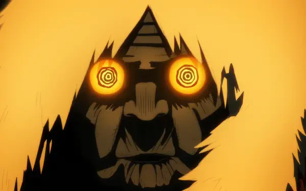 HD PC desktop wallpaper featuring Turbo Granny from the anime Dandadan, with glowing spiral eyes set against a fiery orange background.