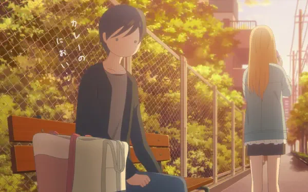A serene scene from My Love Story With Yamada-kun at Lv999, depicting a character sitting on a bench, gazing thoughtfully as another walks away, surrounded by vibrant greenery.